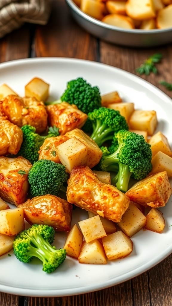 Air-fried chicken, broccoli, and potatoes on a plate, garnished with herbs.